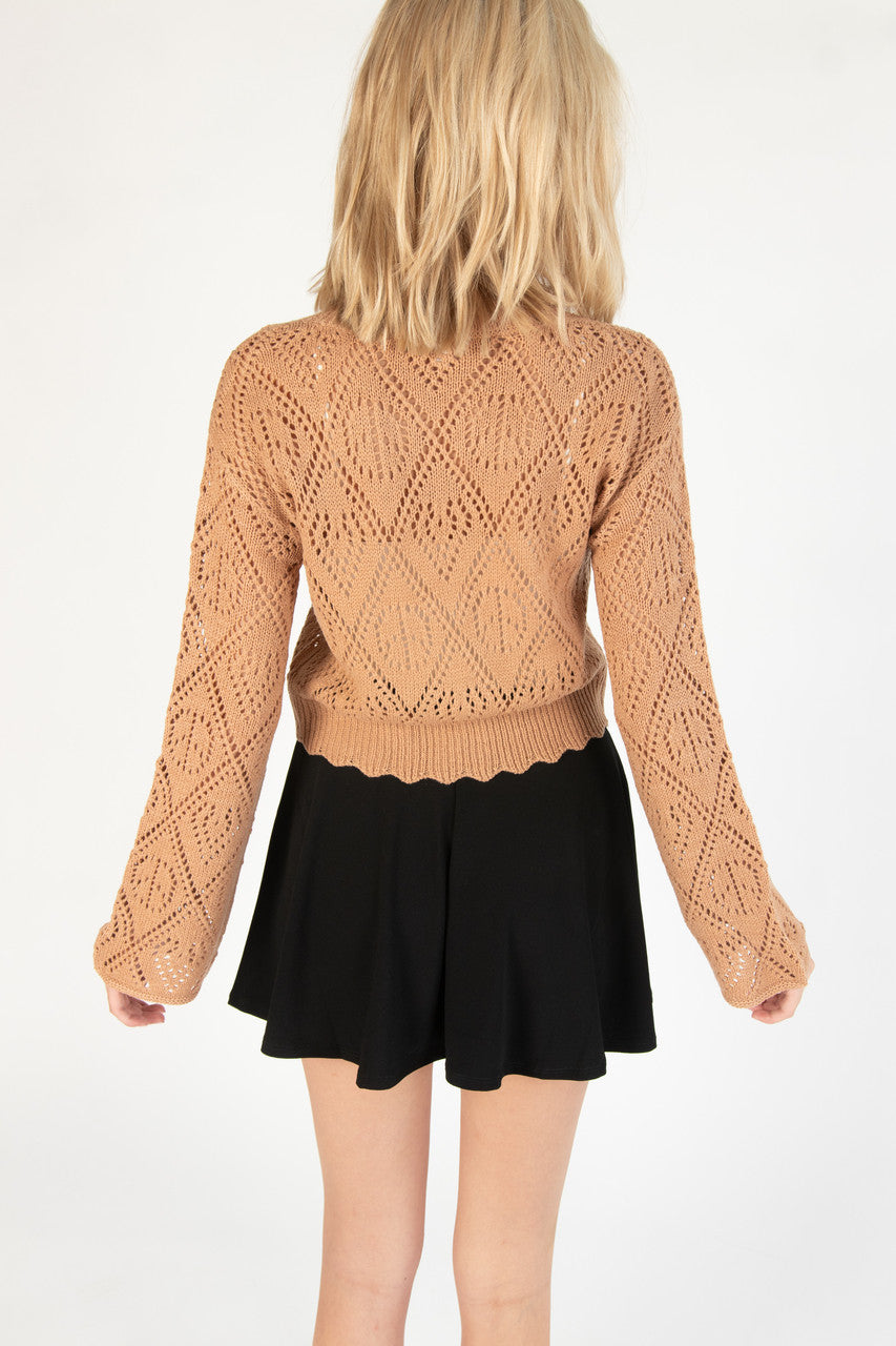 Brown Bell Sleeve Pointelle Cardigan