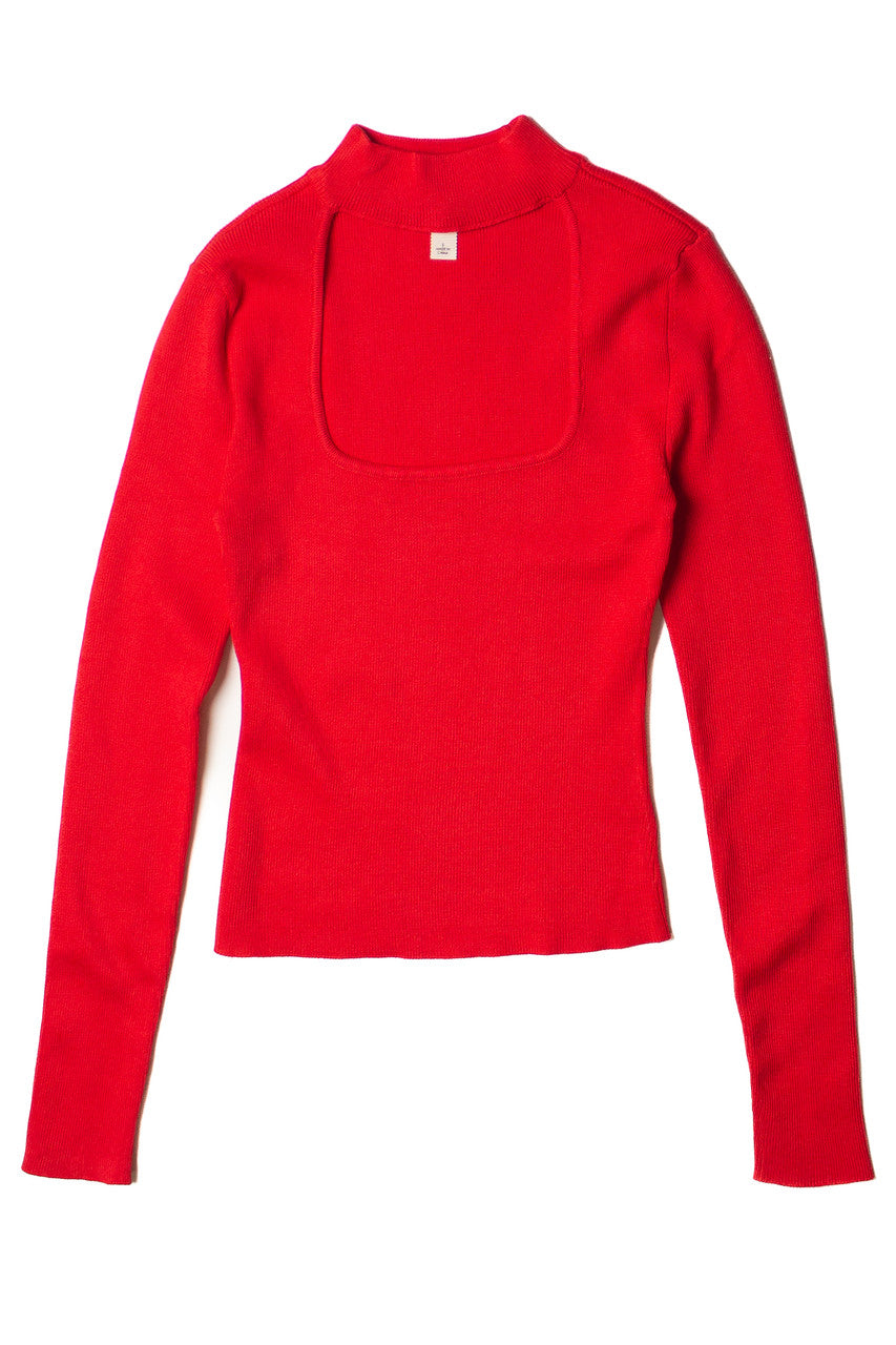 Red Ribbed Mock Neck Cut Out Sweater