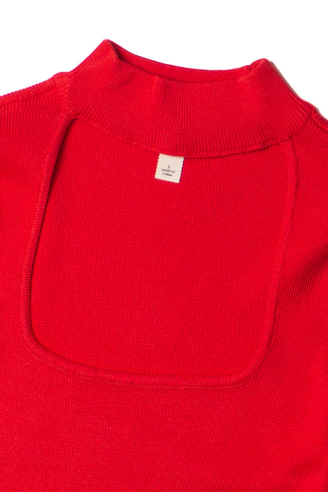Red Ribbed Mock Neck Cut Out Sweater