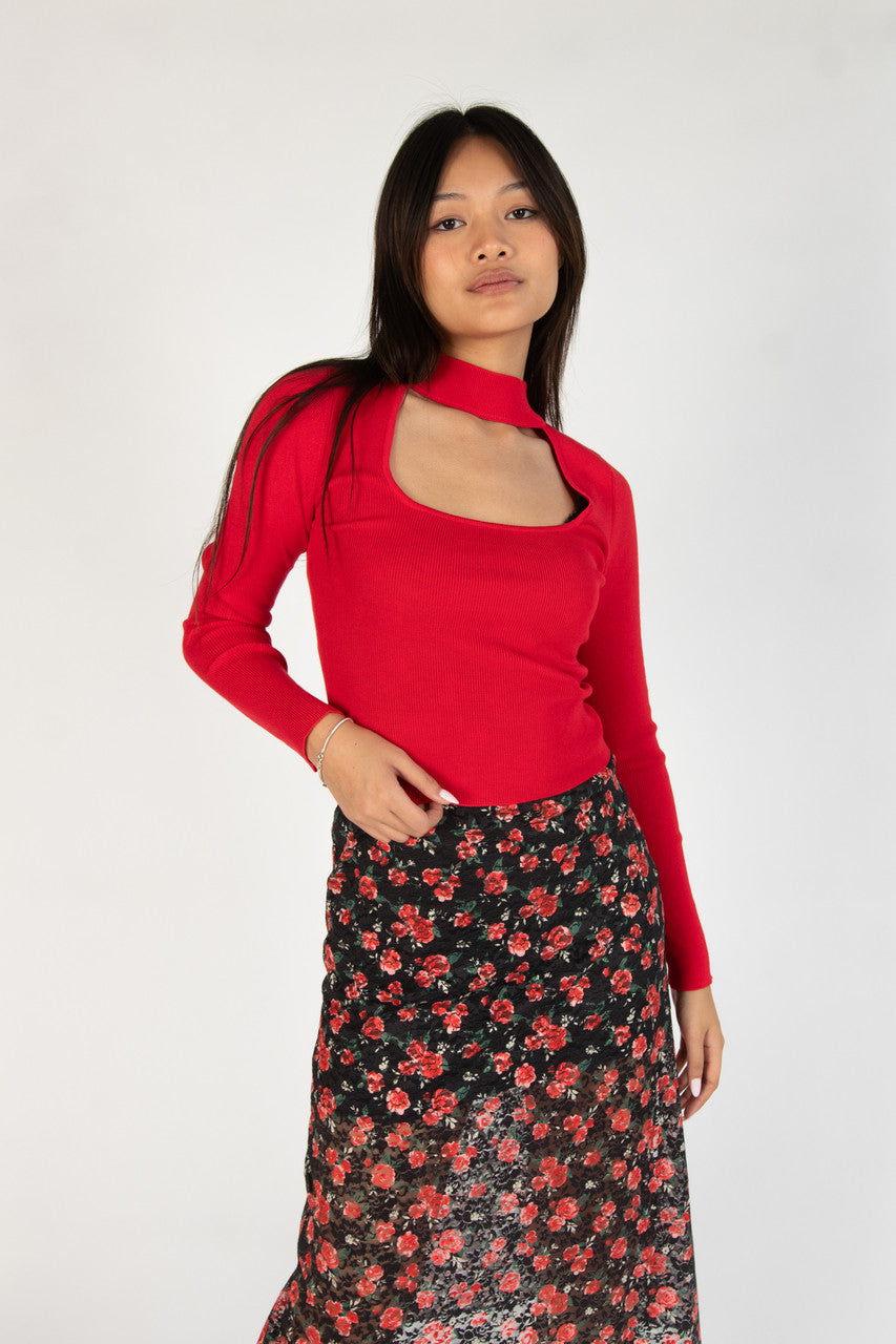 Red Ribbed Mock Neck Cut Out Sweater