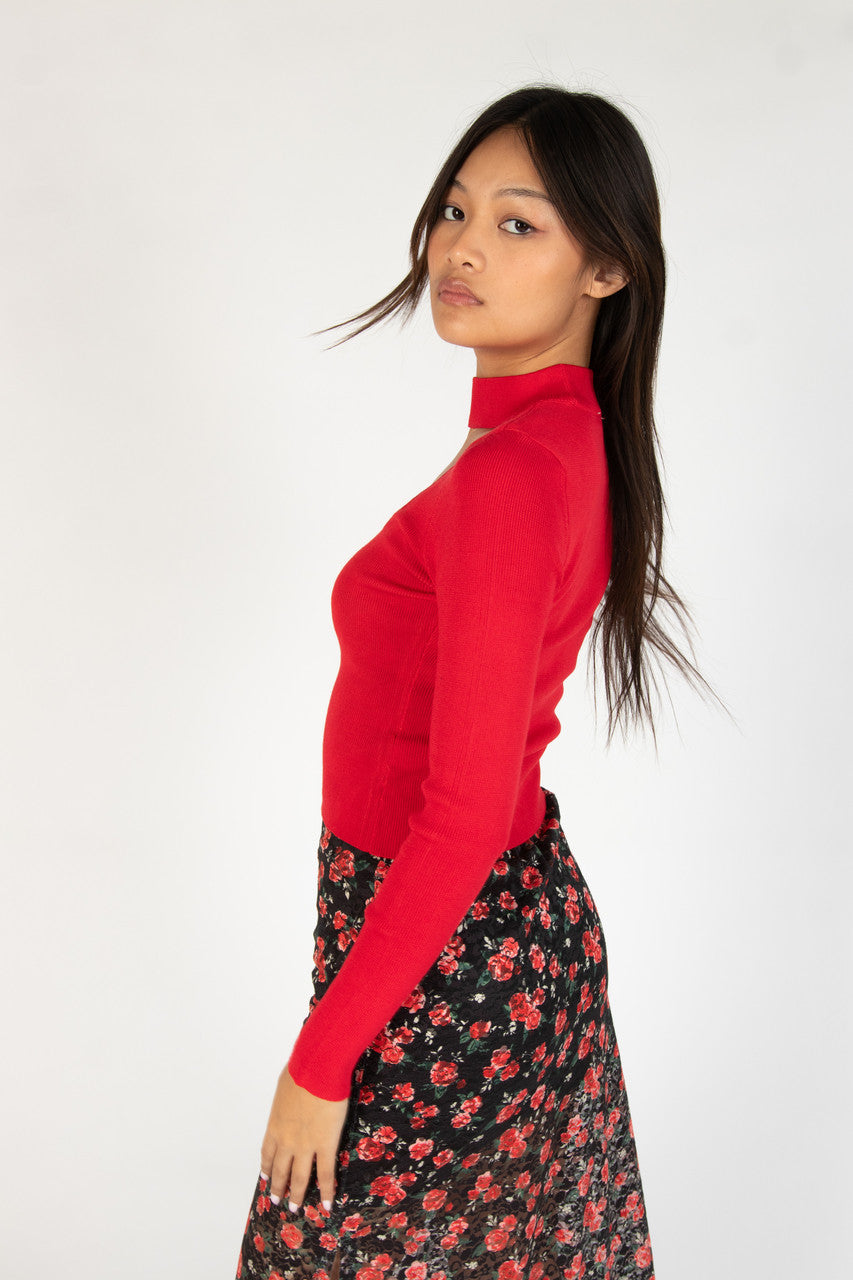 Red Ribbed Mock Neck Cut Out Sweater