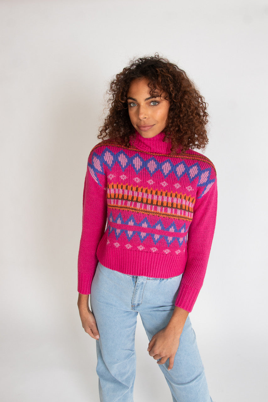 Fuchsia Fair Isle Turtleneck Sweater