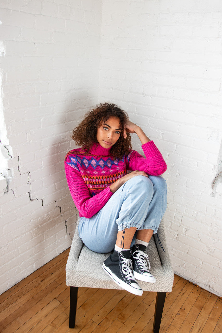 Fuchsia Fair Isle Turtleneck Sweater