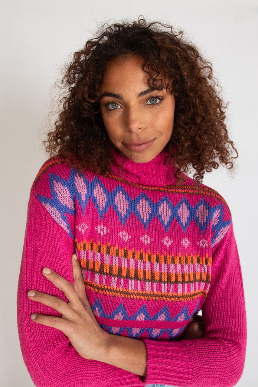 Fuchsia Fair Isle Turtleneck Sweater