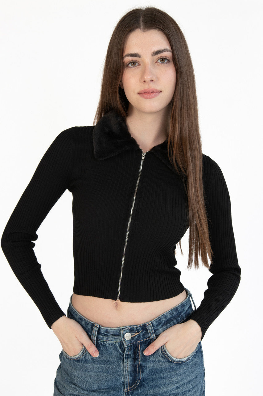 Fur Collar Zip Cardigan