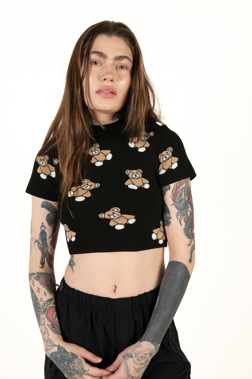 Black Short Sleeve Teddy Bear Sweater