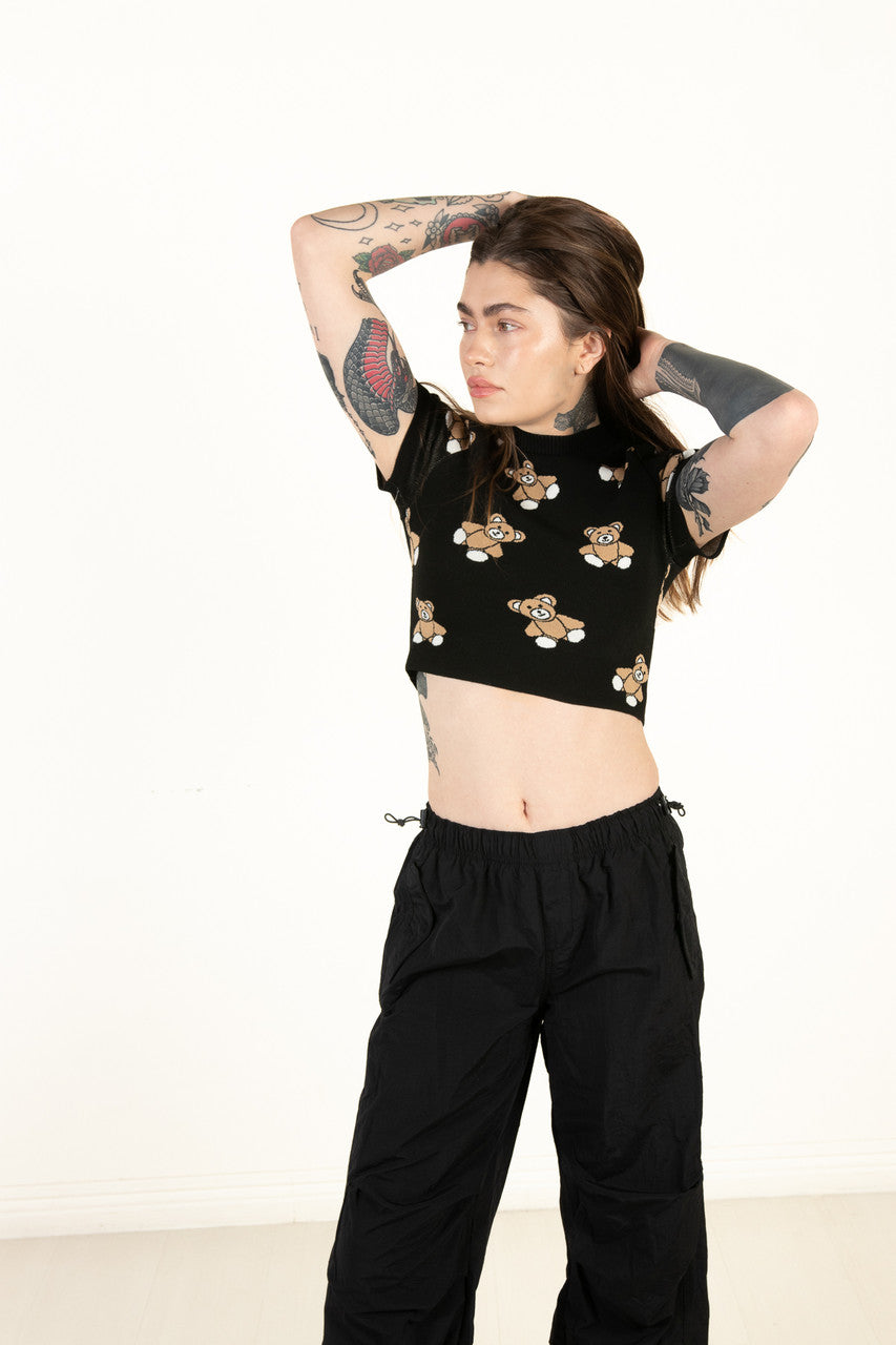 Black Short Sleeve Teddy Bear Sweater