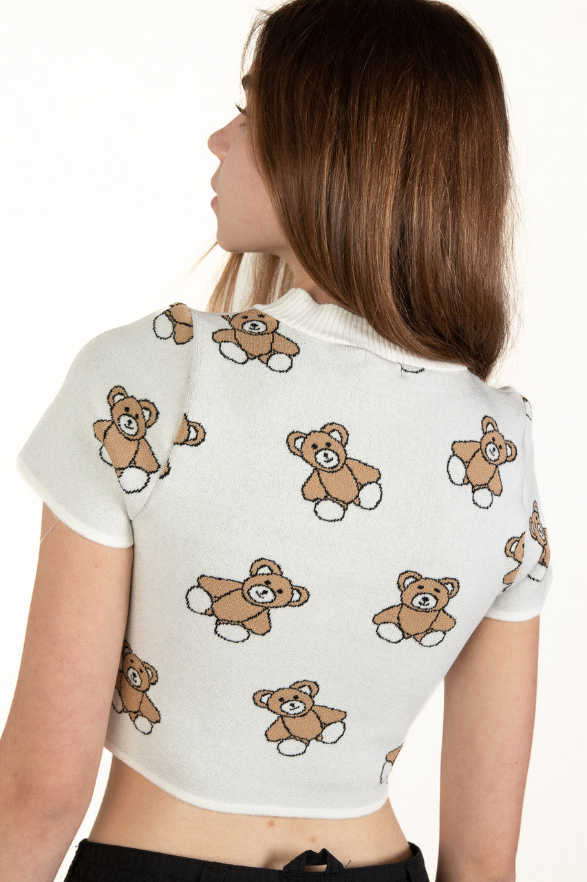 White Short Sleeve Teddy Bear Sweater