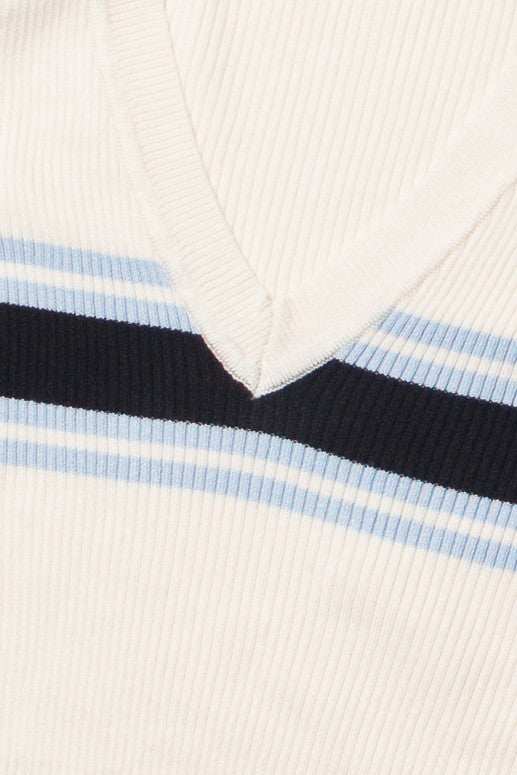 Ribbed V Neck Stripe Sweater