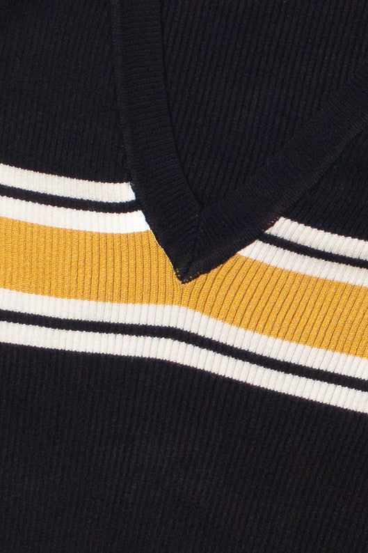 Ribbed V Neck Stripe Sweater