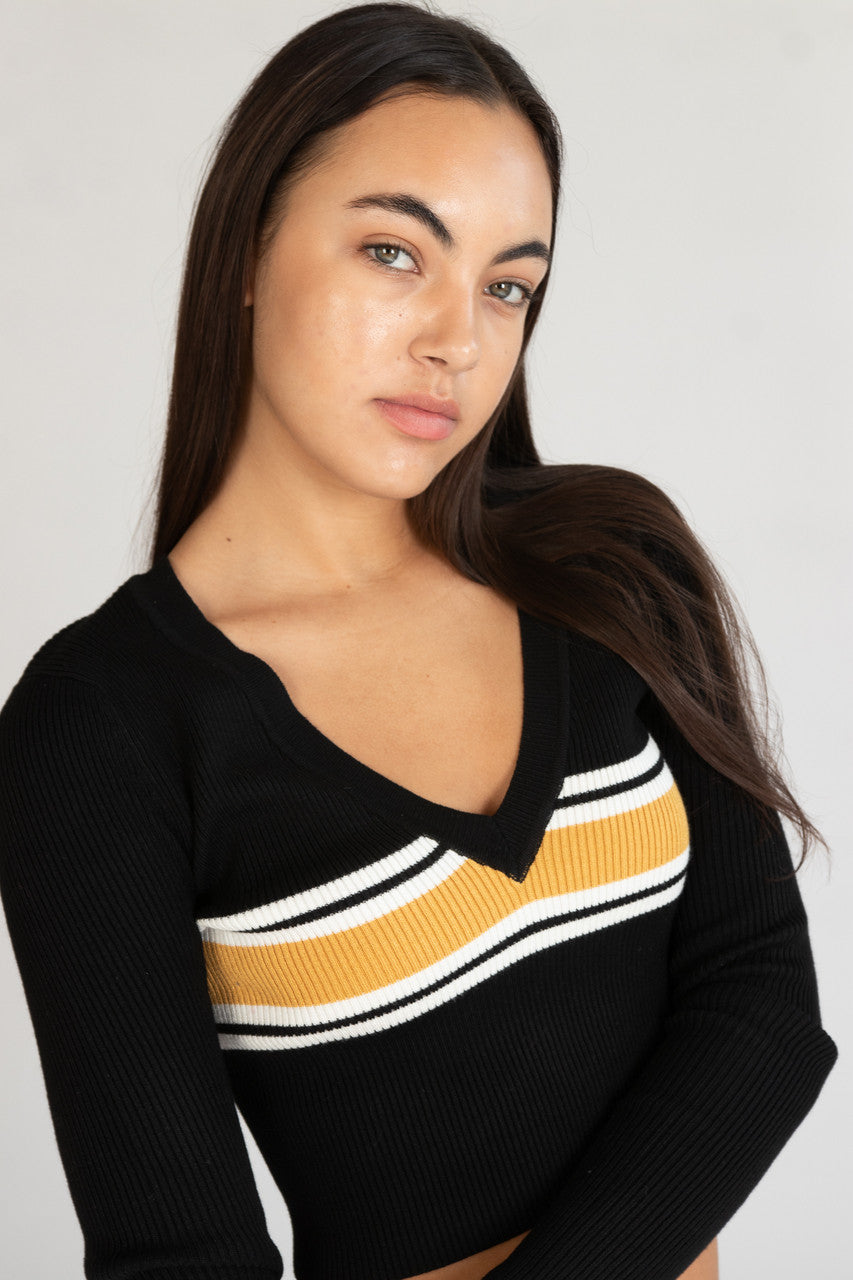 Ribbed V Neck Stripe Sweater