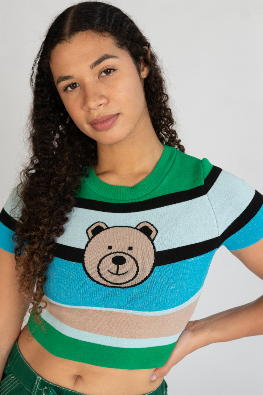 Short Sleeve Striped Teddy Bear Sweater