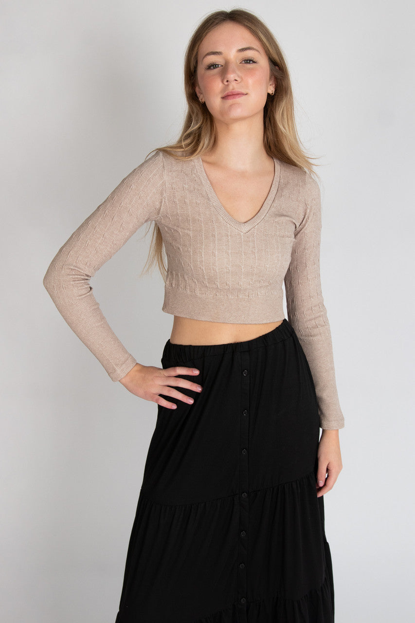 Cable Knit V Neck Crop Top