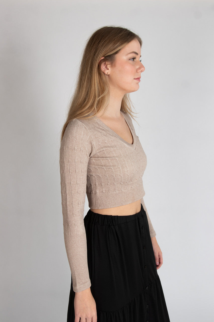 Cable Knit V Neck Crop Top