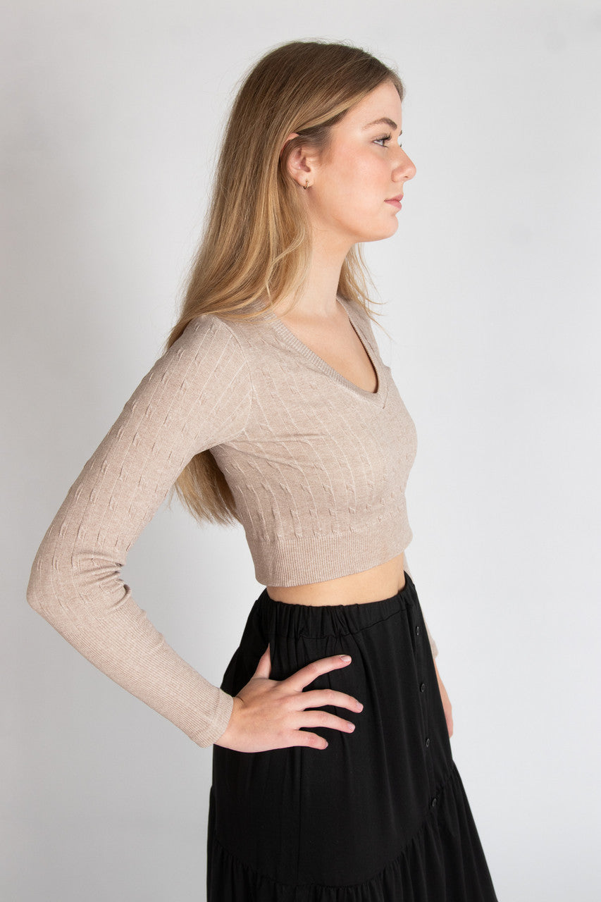 Cable Knit V Neck Crop Top