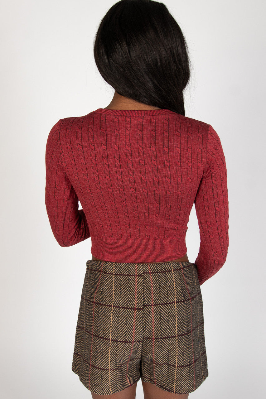 Cable Knit V Neck Crop Top