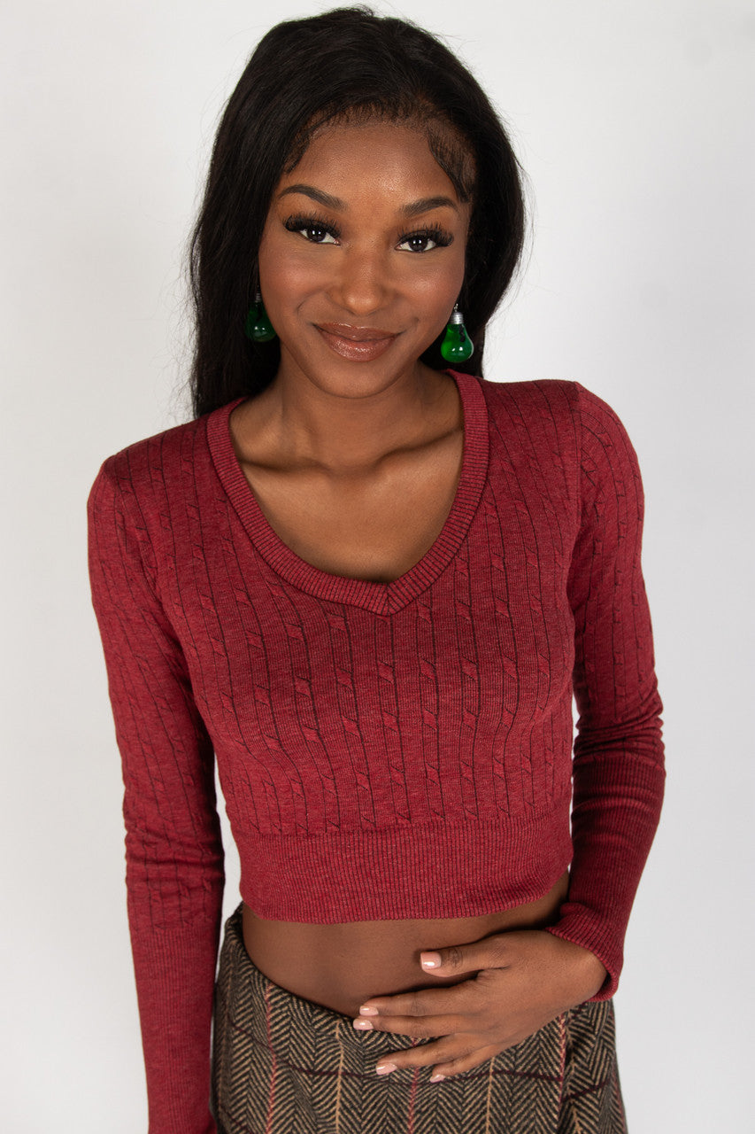 Cable Knit V Neck Crop Top