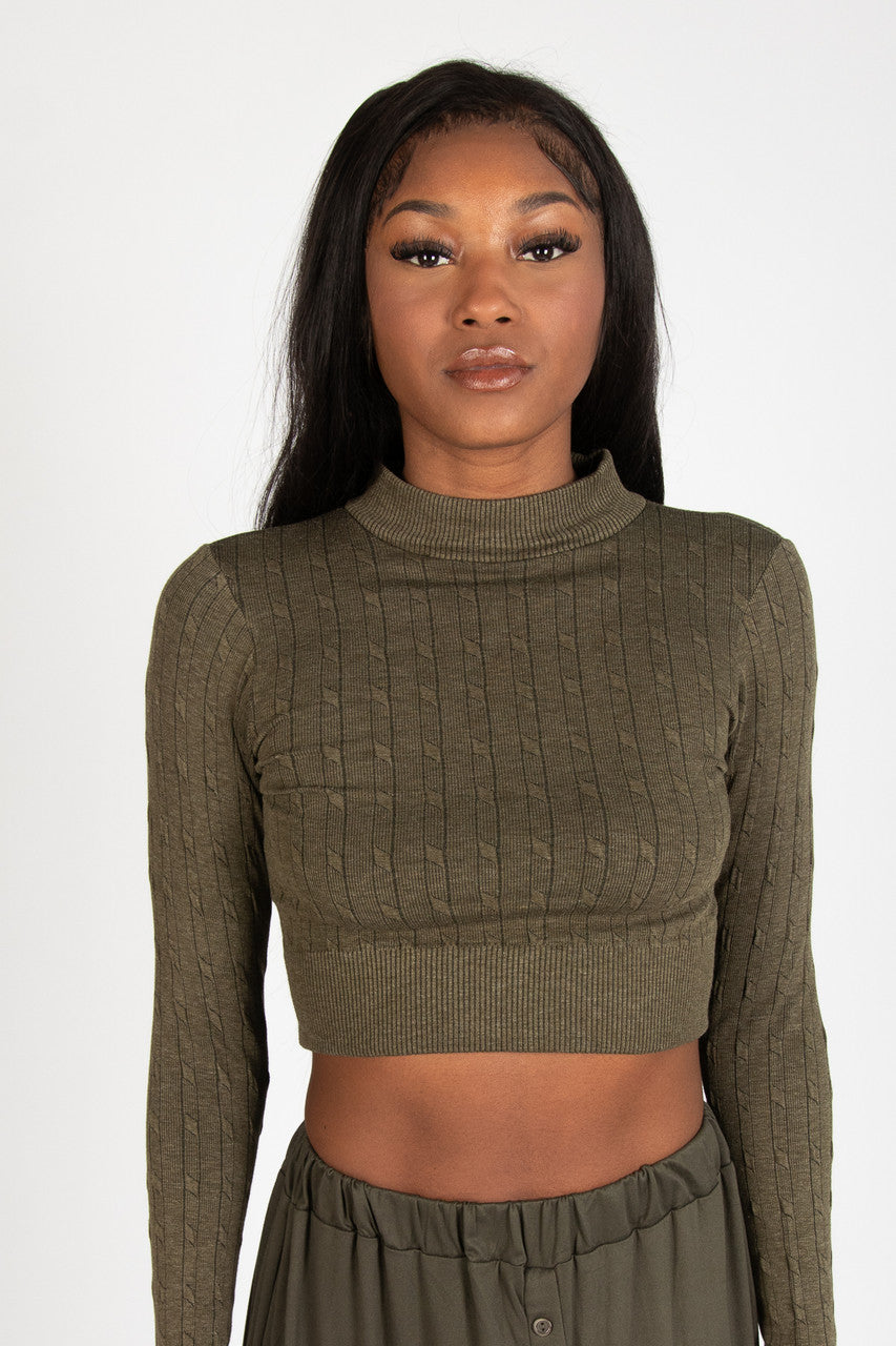Cable Knit Mock Neck Crop Top