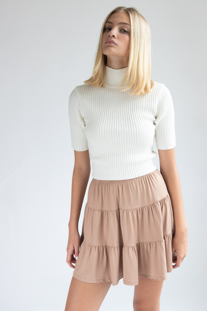 Short Sleeve Mock Neck Ribbed Sweater