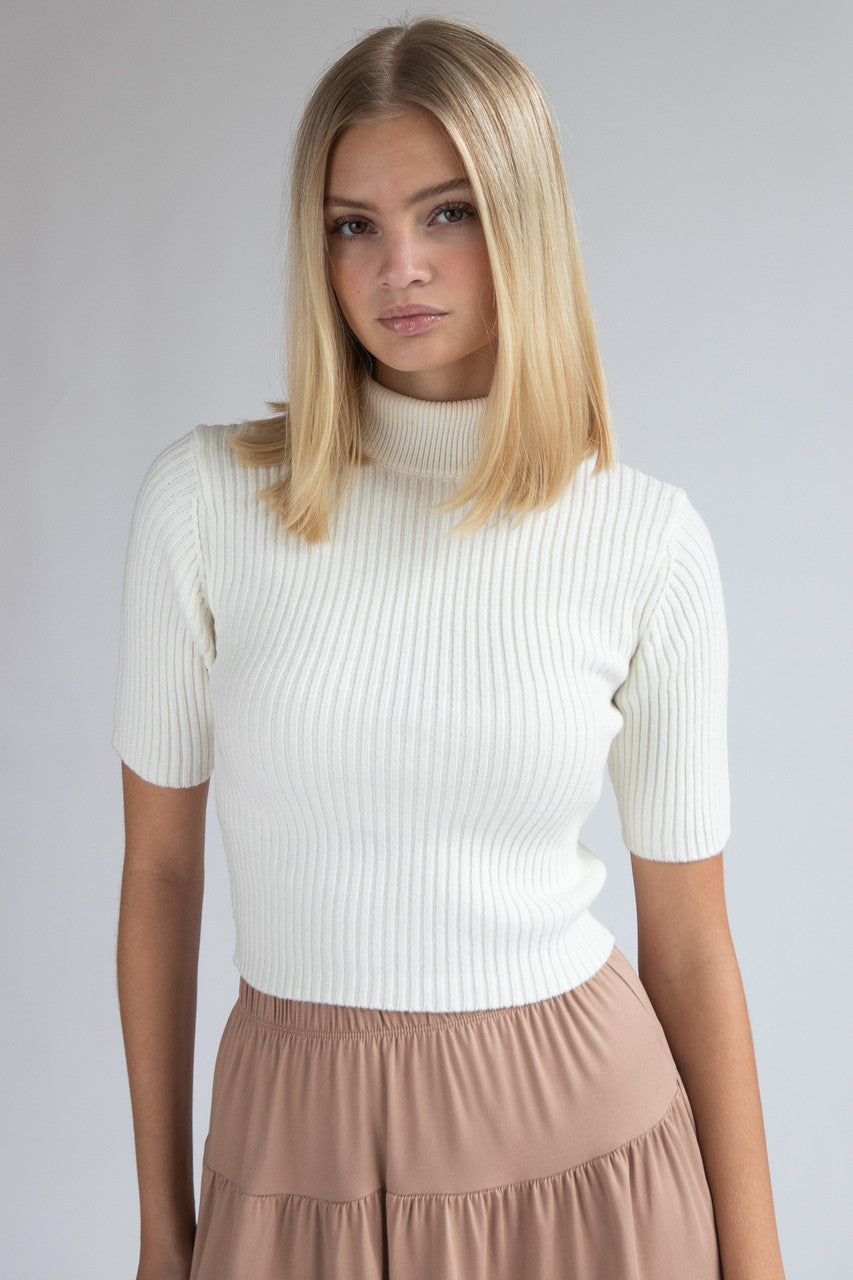 Short Sleeve Mock Neck Ribbed Sweater