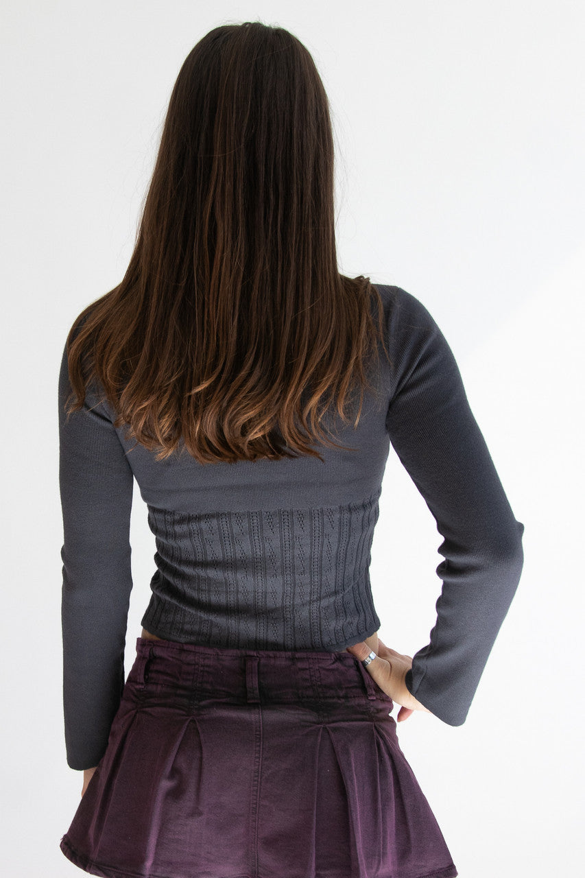 Pointelle Long Sleeve Top With Bow