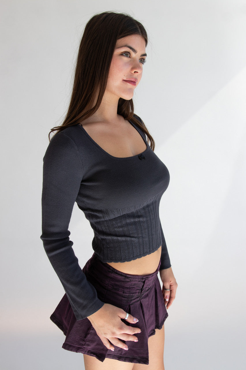 Pointelle Long Sleeve Top With Bow