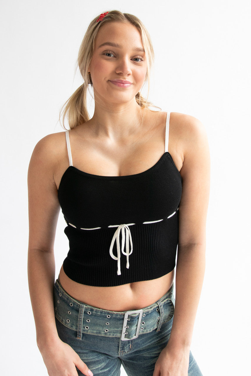 Running Stitch Bow Detail Knit Tank Top