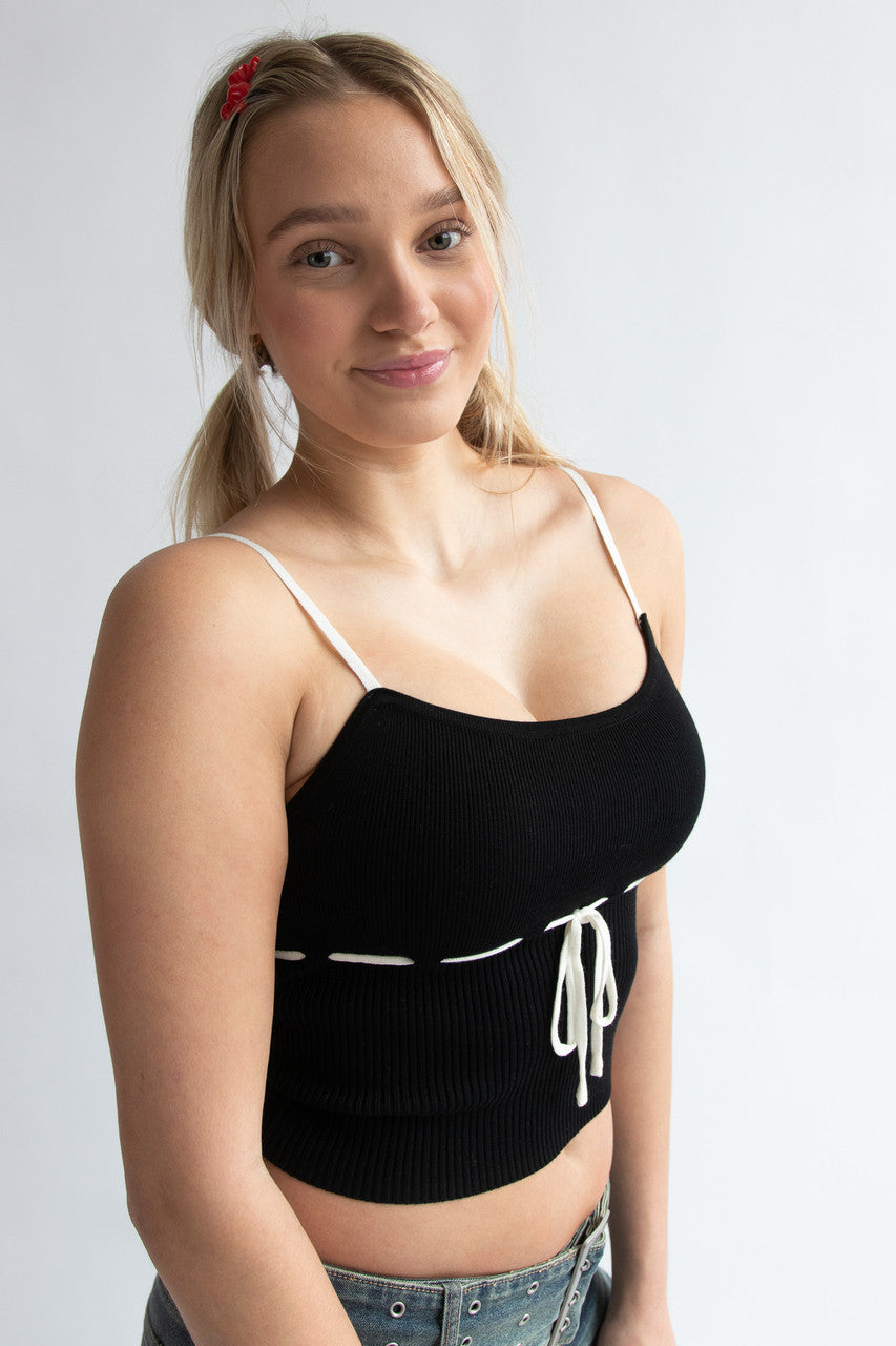 Running Stitch Bow Detail Knit Tank Top