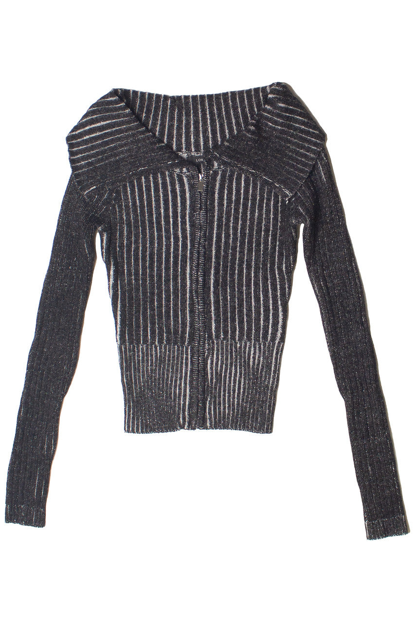 Fold Over Collar Ribbed Zip Up Sweater