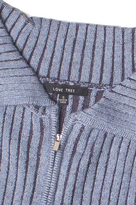 Fold Over Collar Ribbed Zip Up Sweater