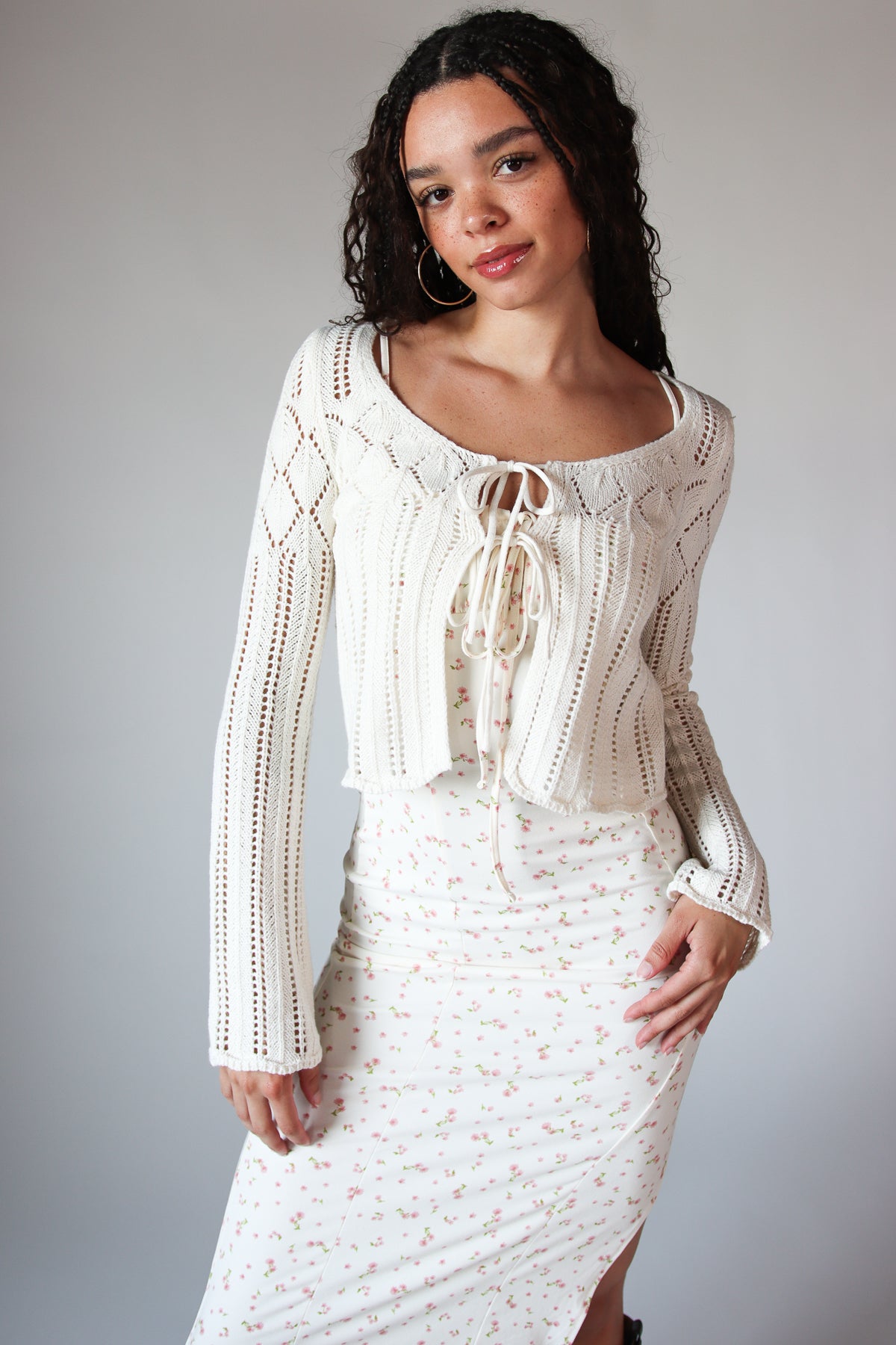 Knit Pointelle Double Tie Front Cardigan