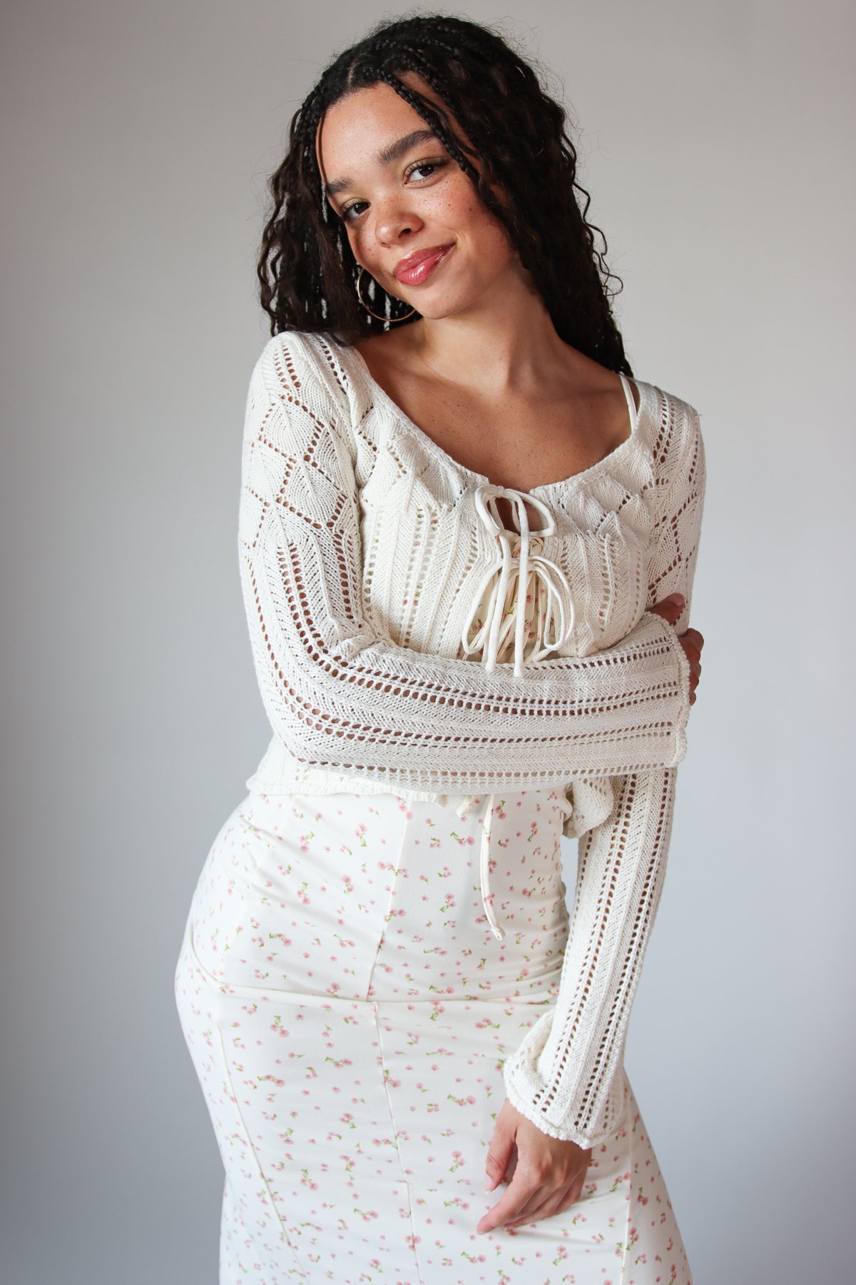 Knit Pointelle Double Tie Front Cardigan