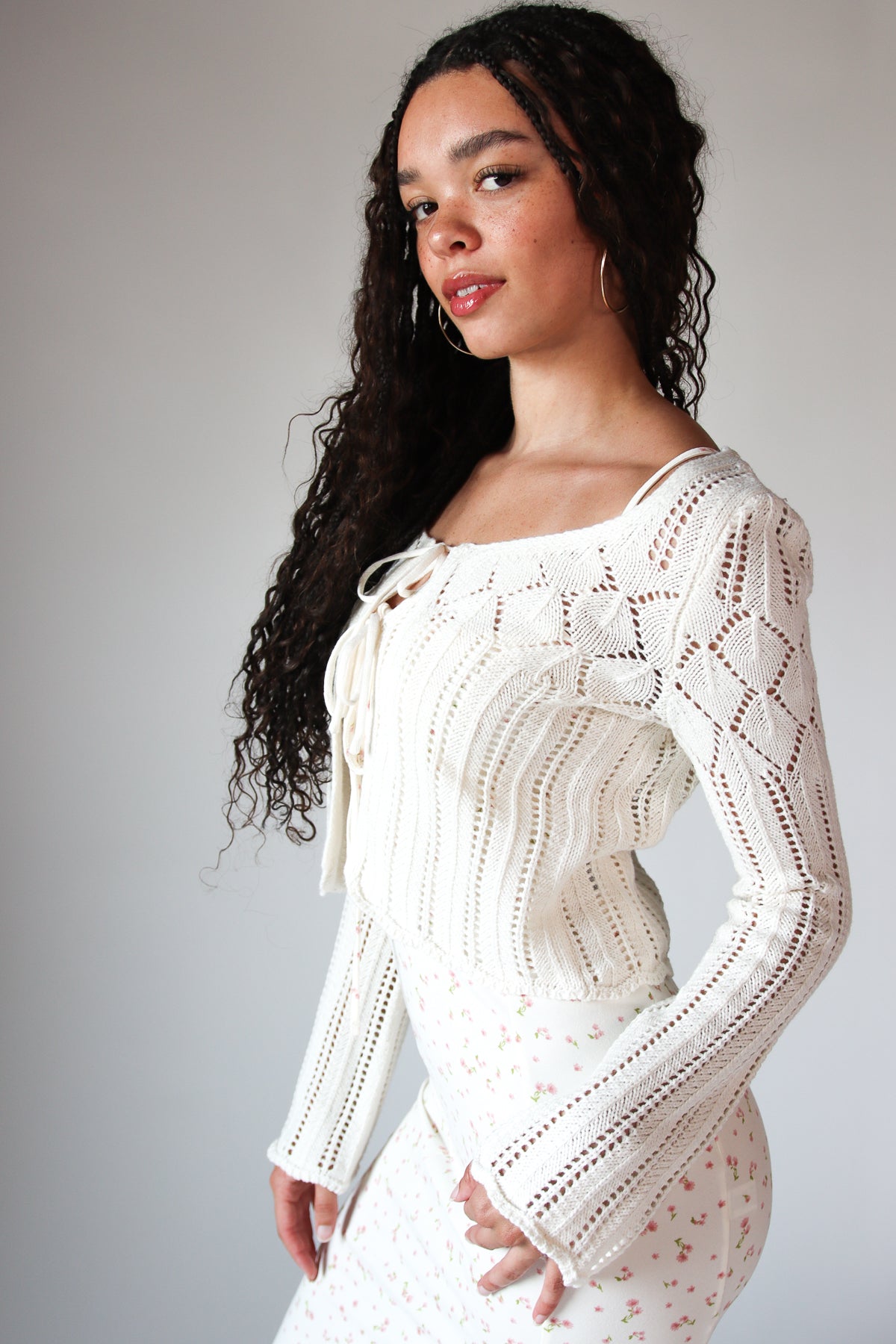 Knit Pointelle Double Tie Front Cardigan