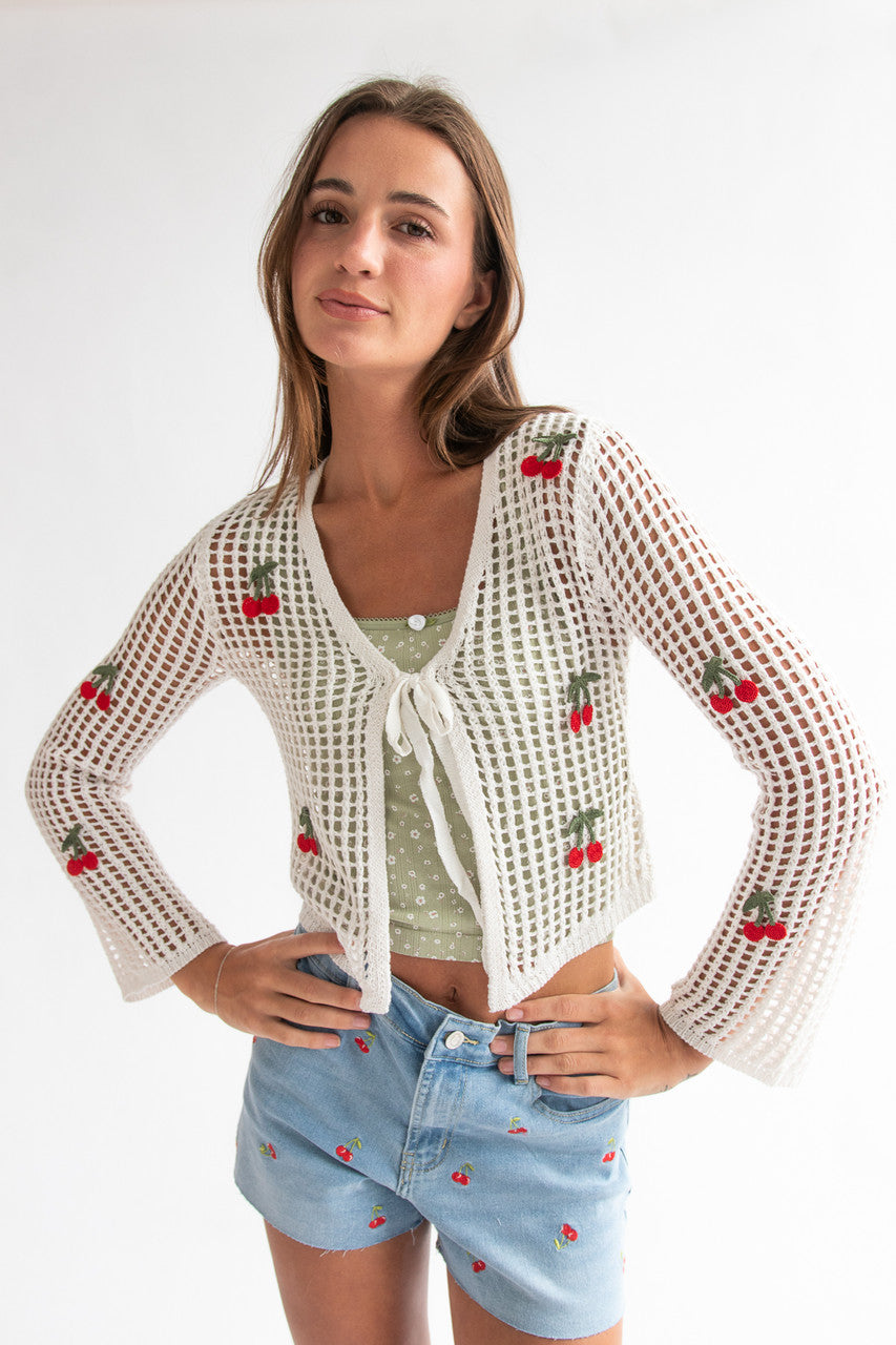 Mesh Stitch Tie Front Cherry Cardigan