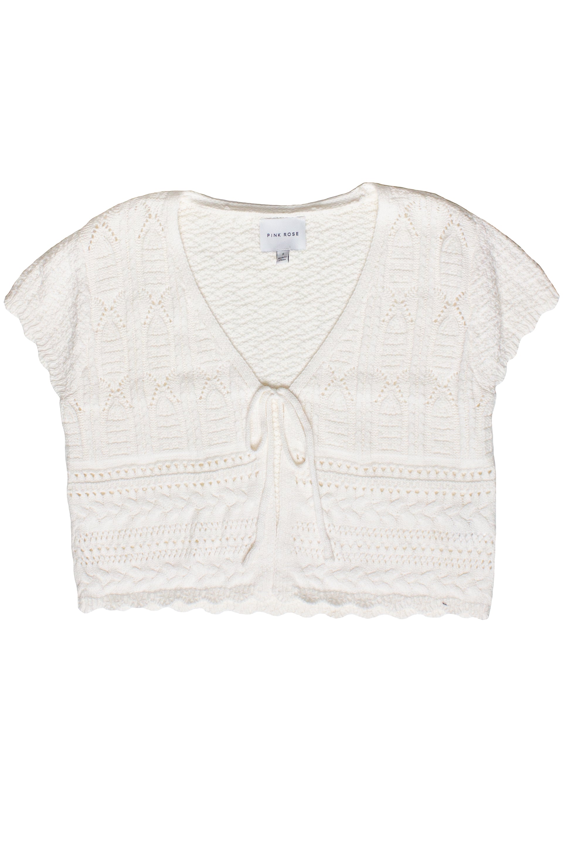 Short Sleeve Pointelle Knit Tie Front Cardigan