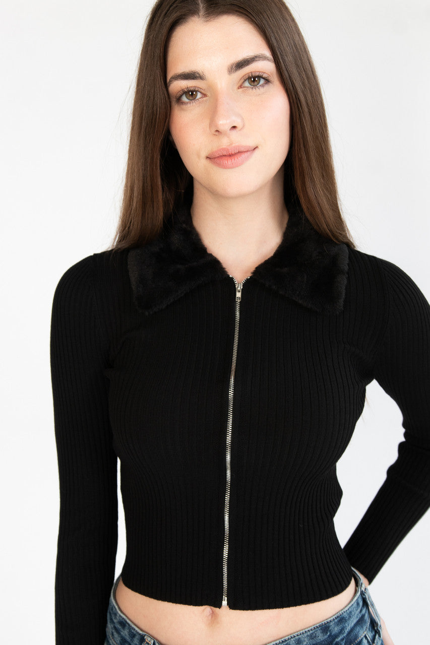 Fur Collar Zip Cardigan