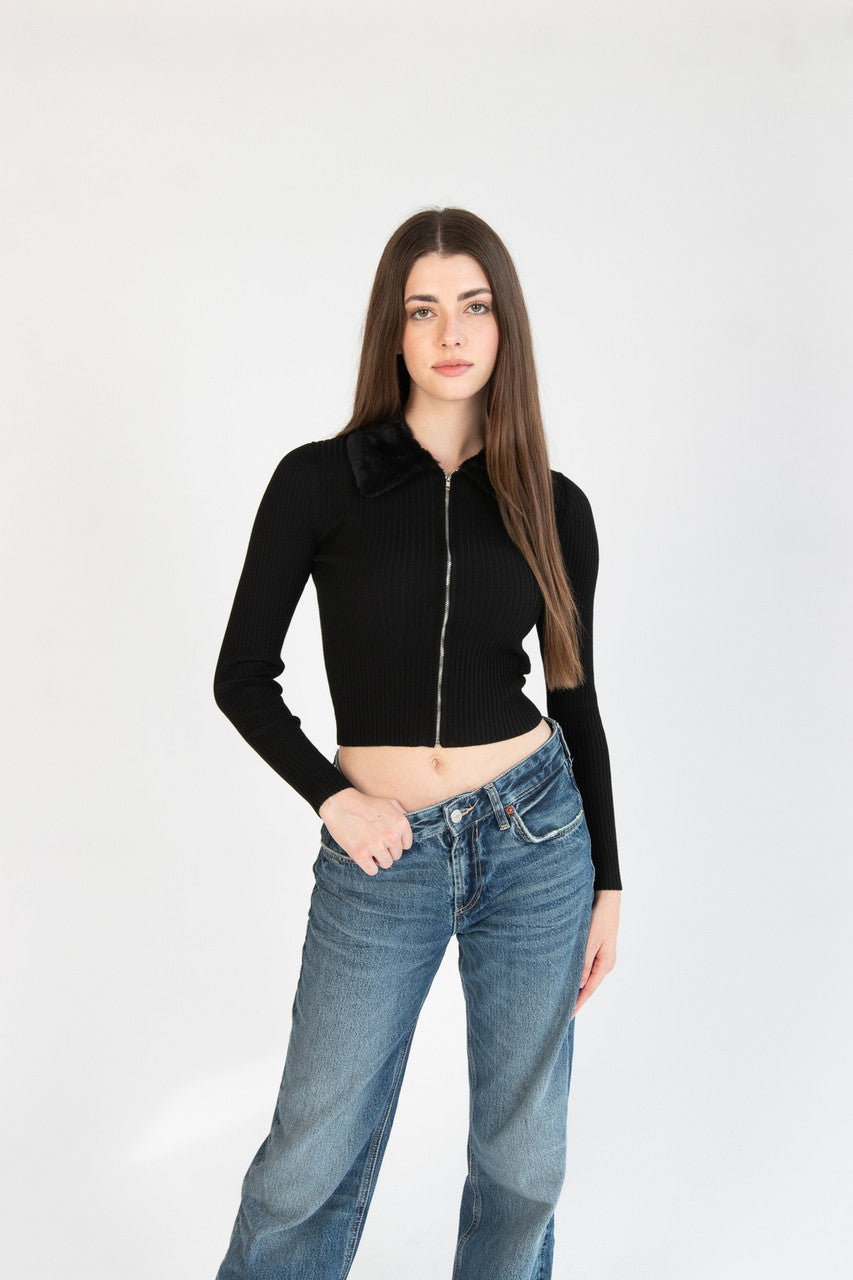 Fur Collar Zip Cardigan