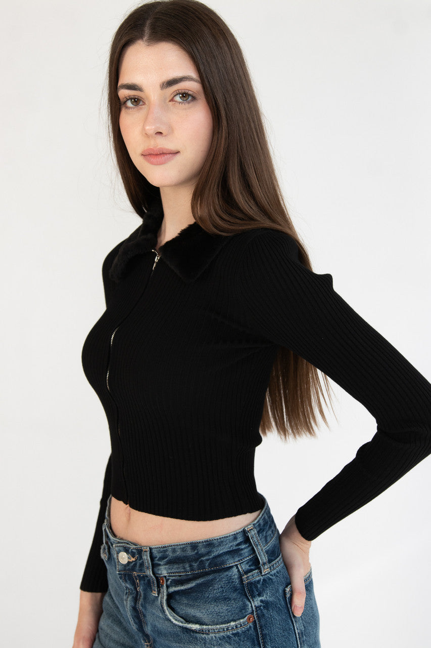 Fur Collar Zip Cardigan