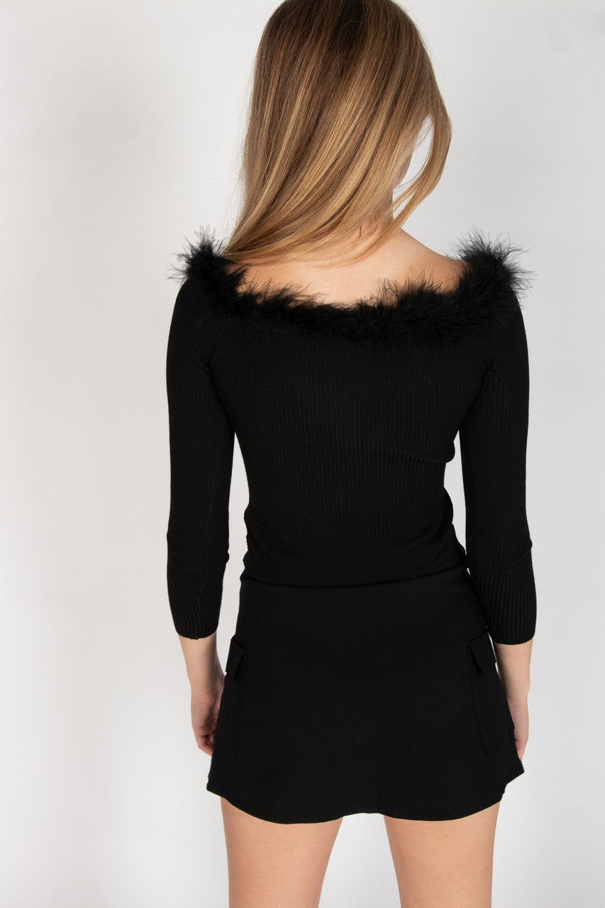 Off The Shoulder Feather Trim Sweater