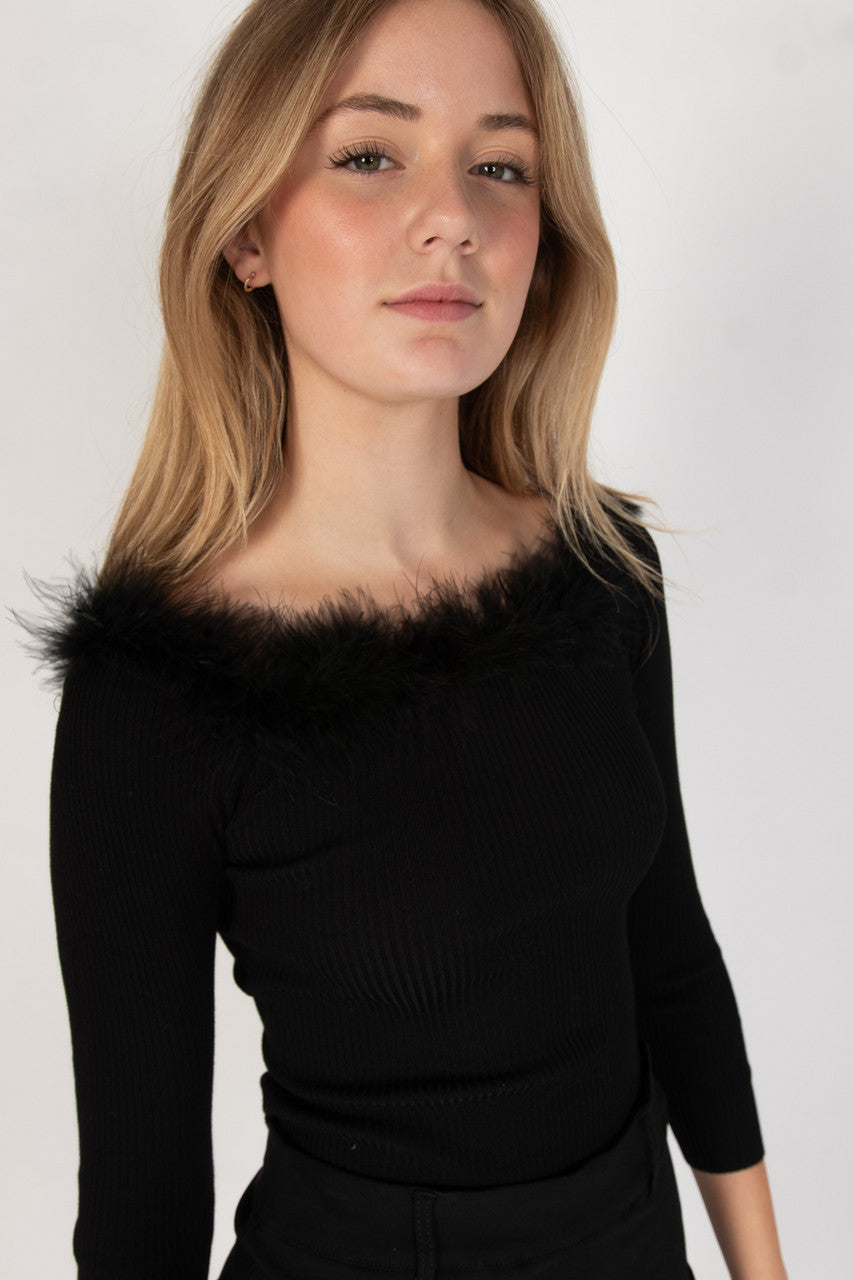 Off The Shoulder Feather Trim Sweater