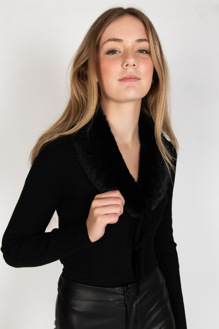 Faux Fur Collar Tie Front Cardigan