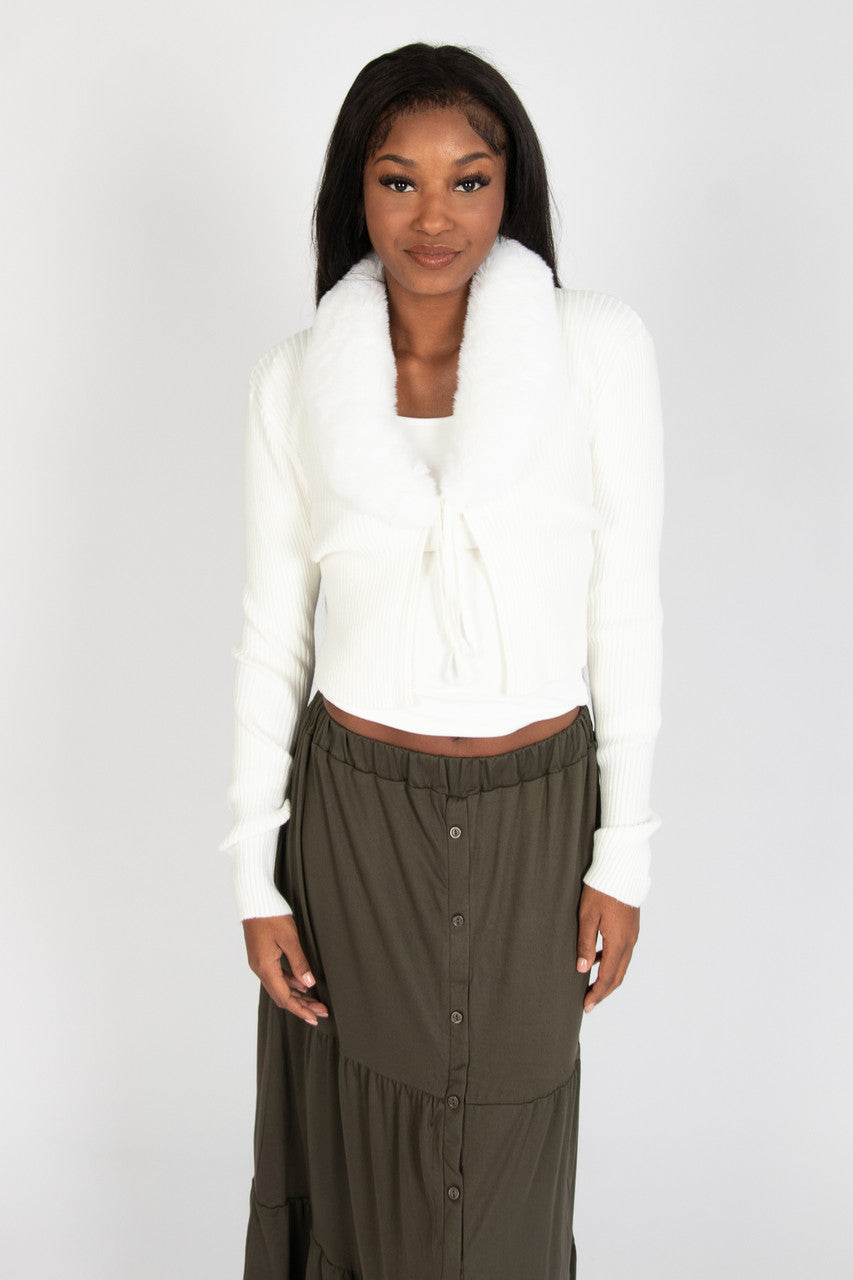 Faux Fur Collar Tie Front Cardigan
