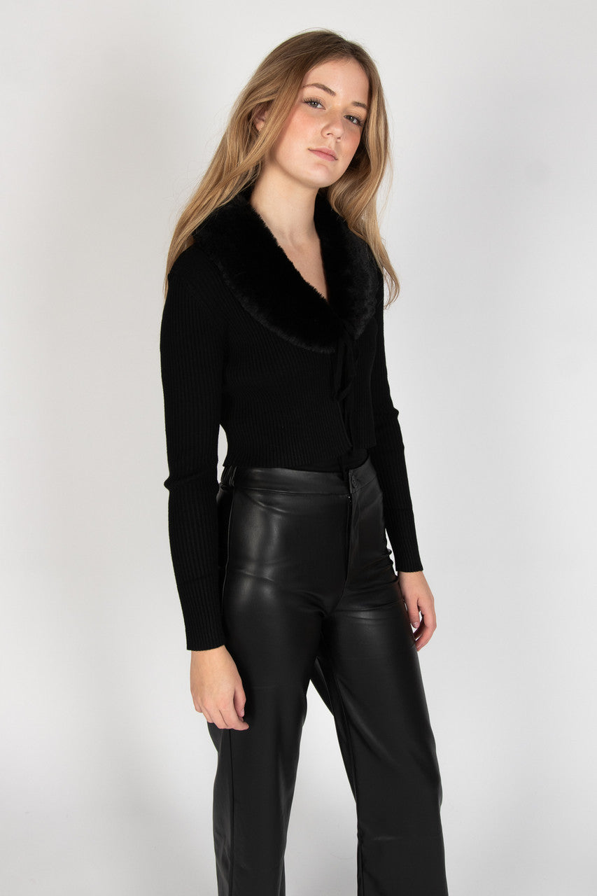 Faux Fur Collar Tie Front Cardigan