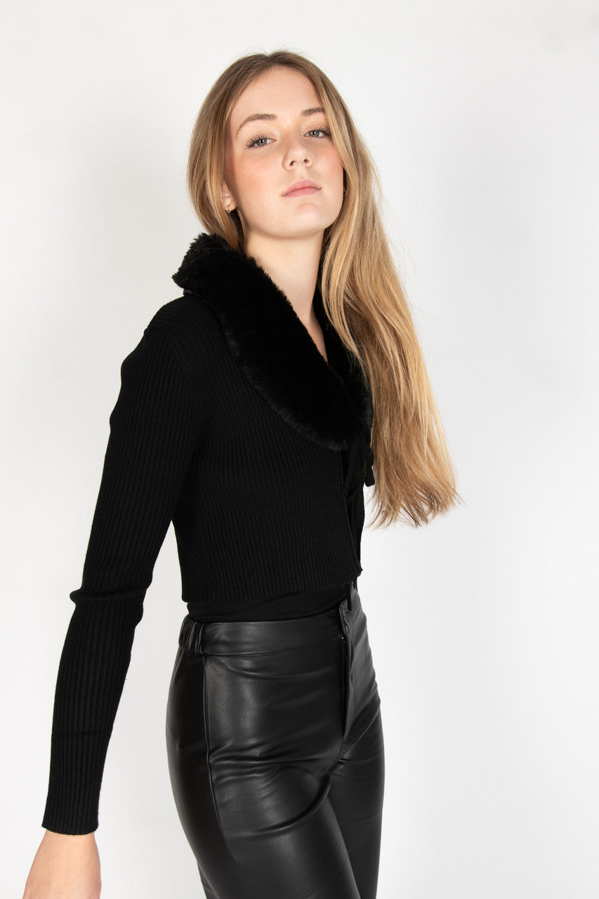 Faux Fur Collar Tie Front Cardigan