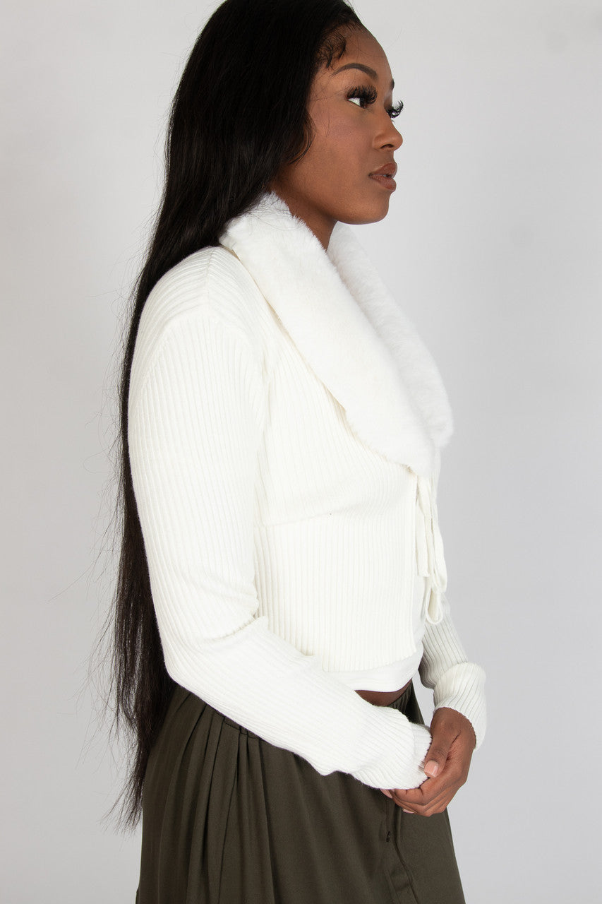 Faux Fur Collar Tie Front Cardigan