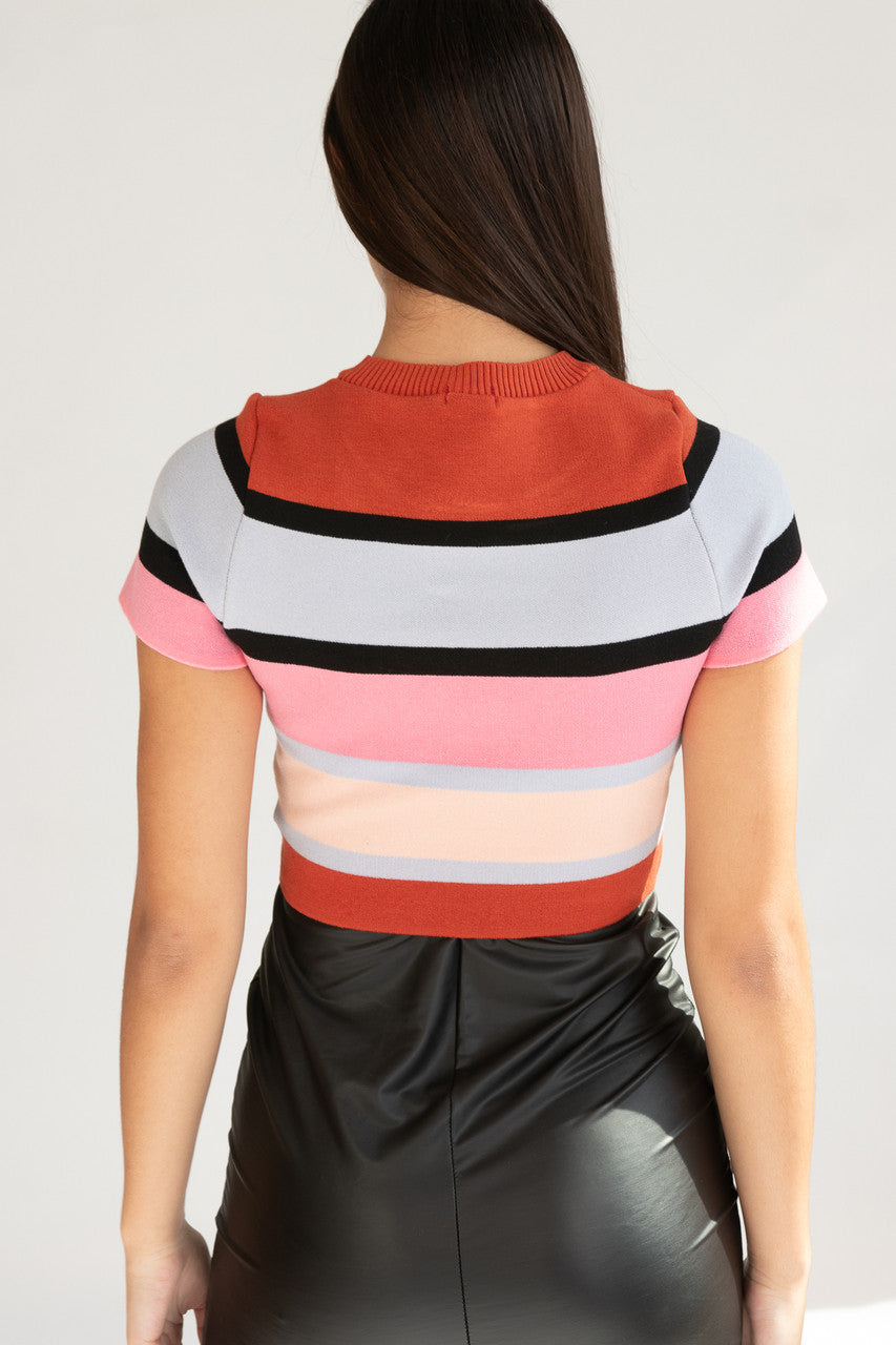 Short Sleeve Striped Teddy Bear Sweater