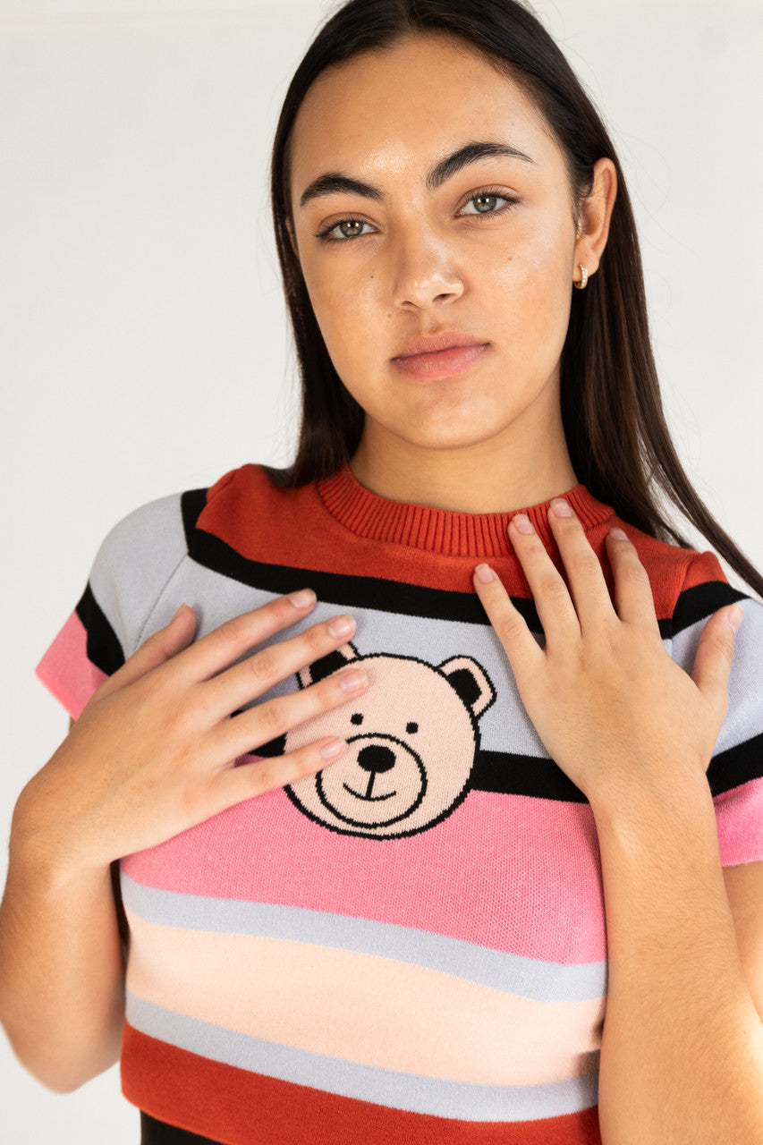 Short Sleeve Striped Teddy Bear Sweater
