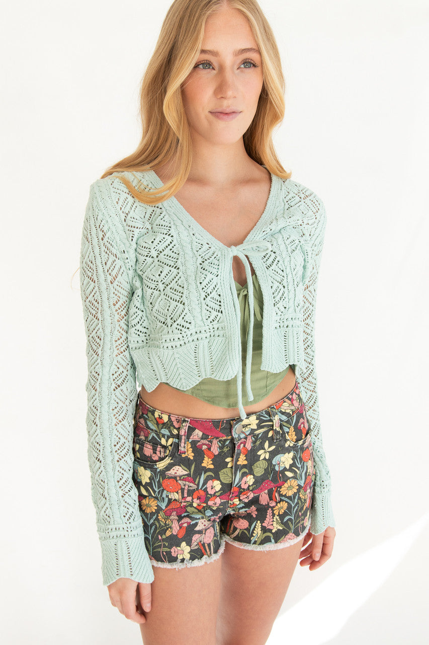 Chenille Pointelle Tie Front Cardigan