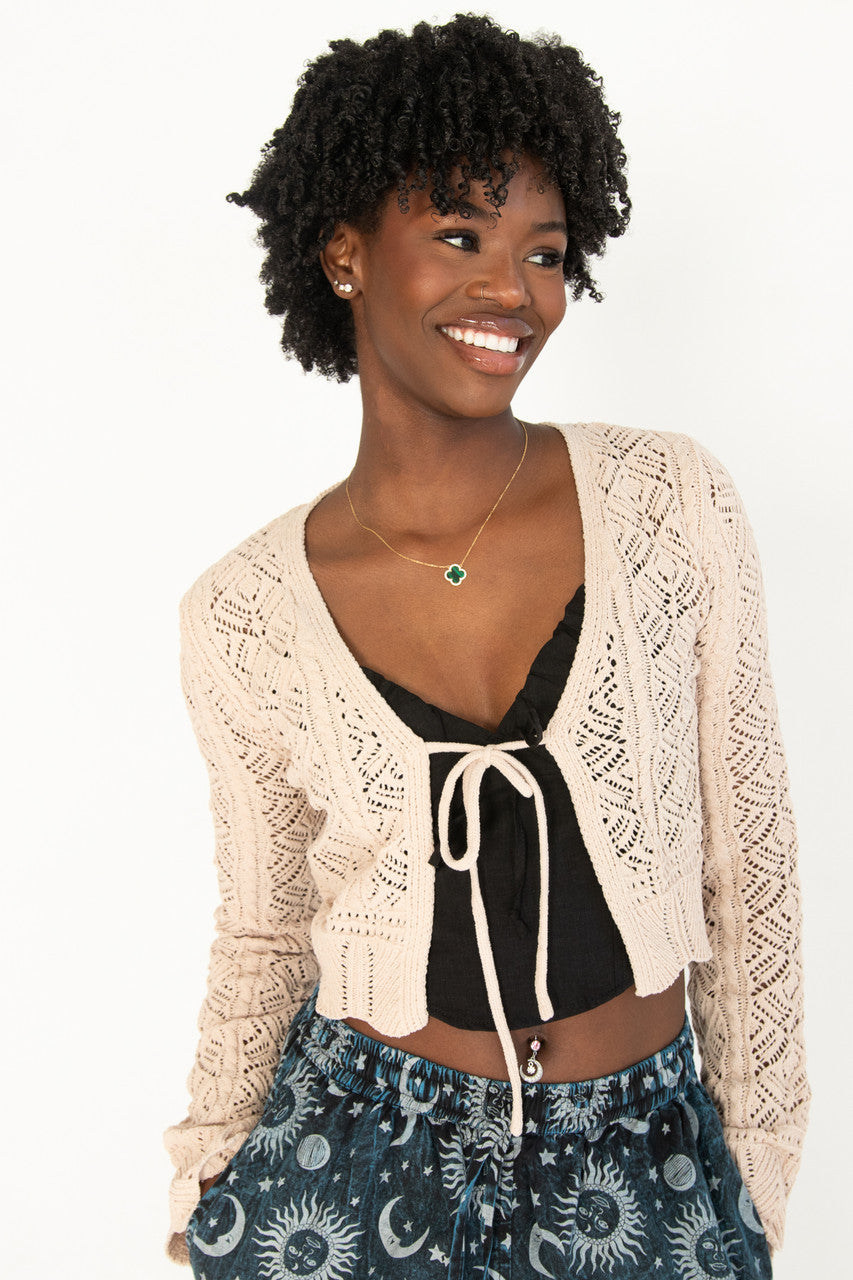 Chenille Pointelle Tie Front Cardigan