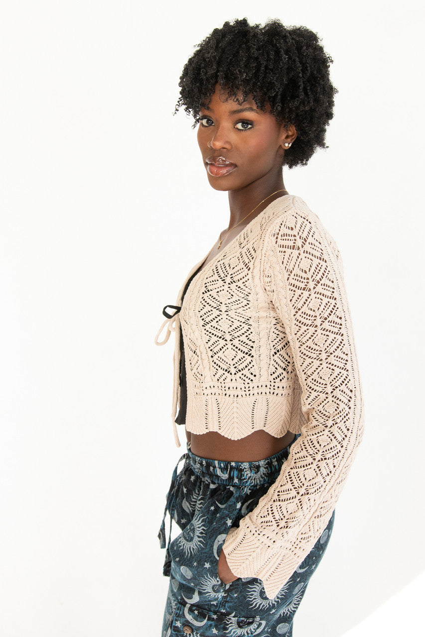 Chenille Pointelle Tie Front Cardigan